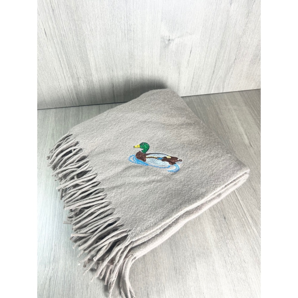 Faribo Pure Wool Throw Blanket Tan Embroidered Mallard Duck Fringe Made in USA